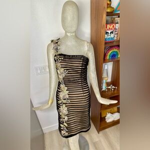 Jovani Woman's Black and Gold Striped Silk One Shoulder Dress w/ Flowers. Sz 10